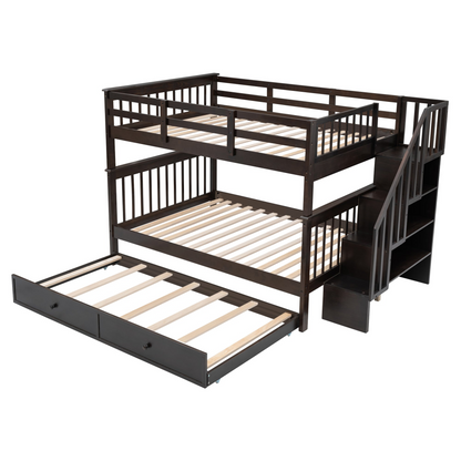 Start2Finish Stairway Full-Over-Full Bunk Bed with Twin Trundle, storage drawers, and safety guard rail in a bedroom setting.