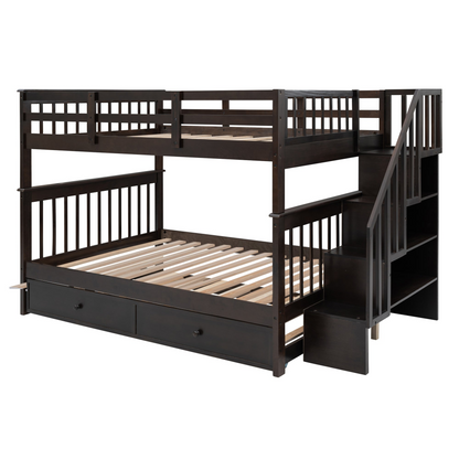 Start2Finish stairway full-over-full bunk bed with twin trundle, storage drawers, and guard rails in a bedroom setting.