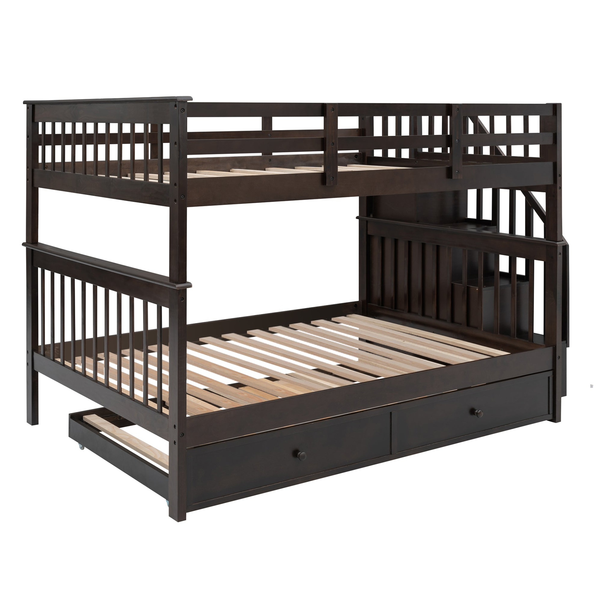 Start2Finish stairway full-over-full bunk bed with twin trundle, storage drawers, and safety guard rail in a bedroom setting.