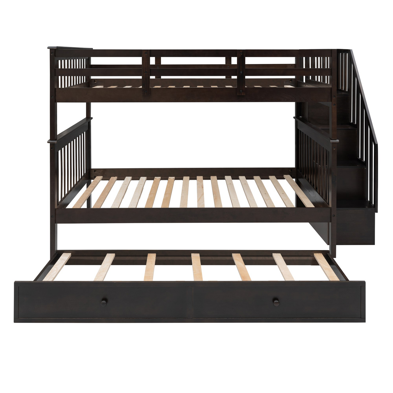 Start2Finish stairway full-over-full bunk bed with twin trundle, storage drawers, and guard rail in a bedroom setting.