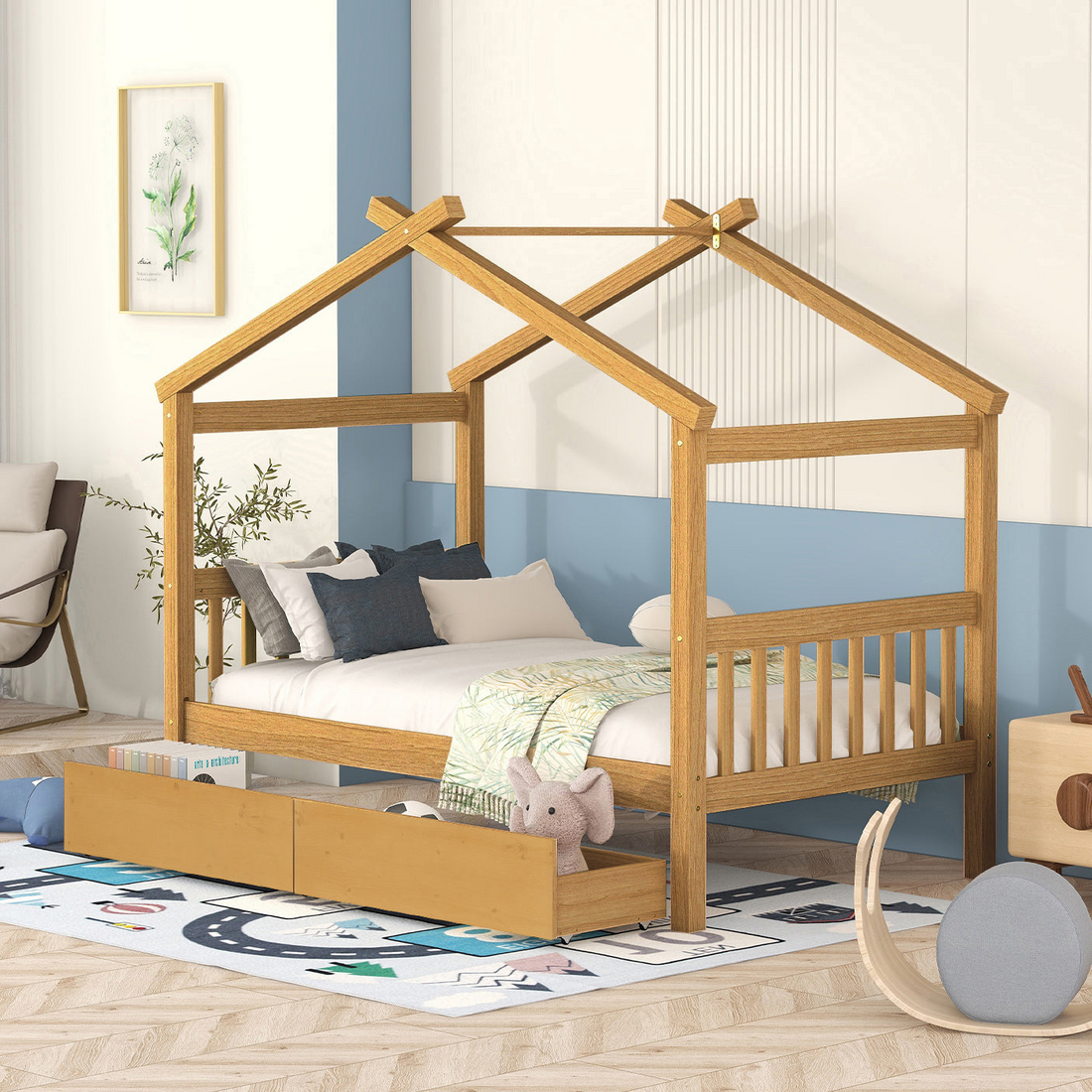 Start2Finish wooden house bed for kids with built-in drawers, featuring solid construction and playful design.