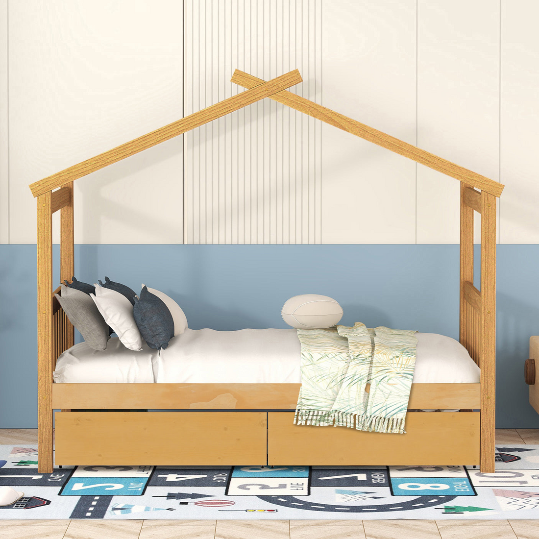 Start2Finish wooden house bed with built-in drawers for kids&