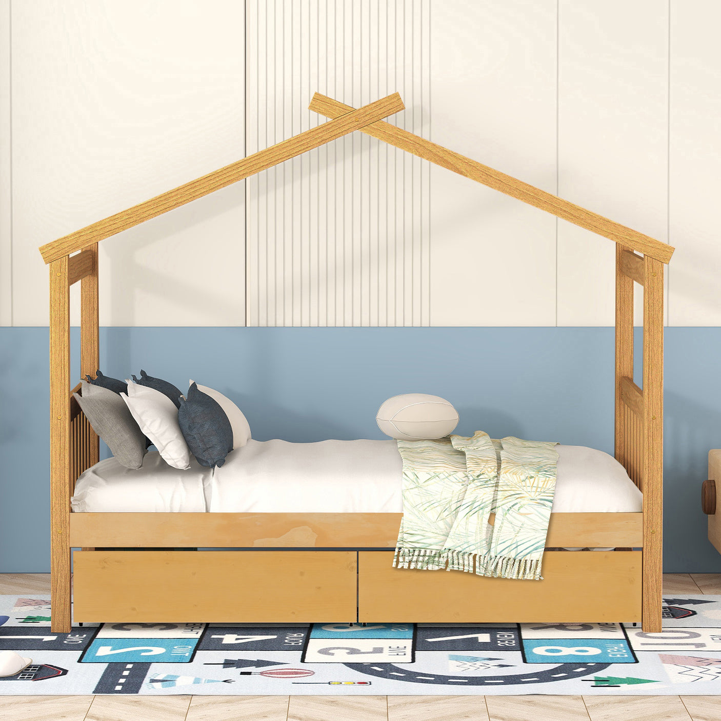 Start2Finish wooden house bed with built-in drawers for kids&