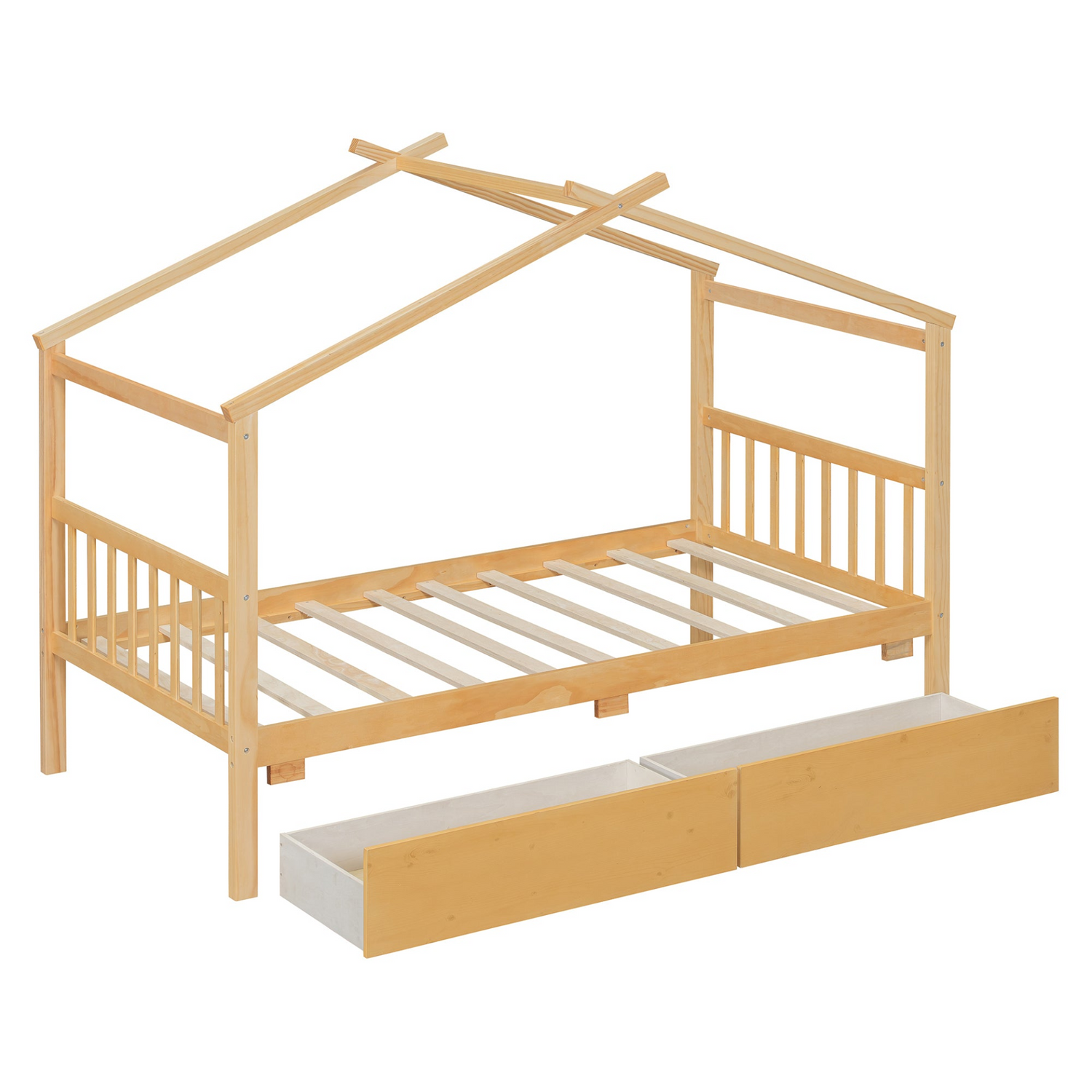 Wooden house bed with built-in drawers for kids&