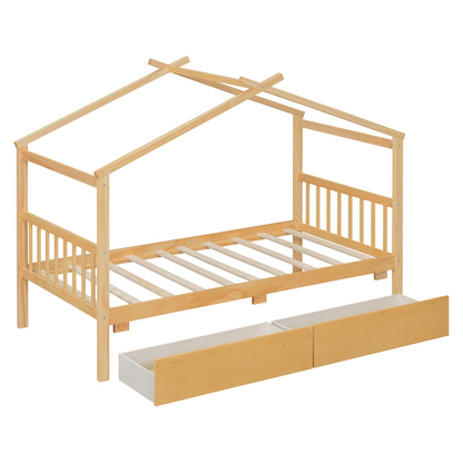Wooden house bed with built-in drawers for kids&