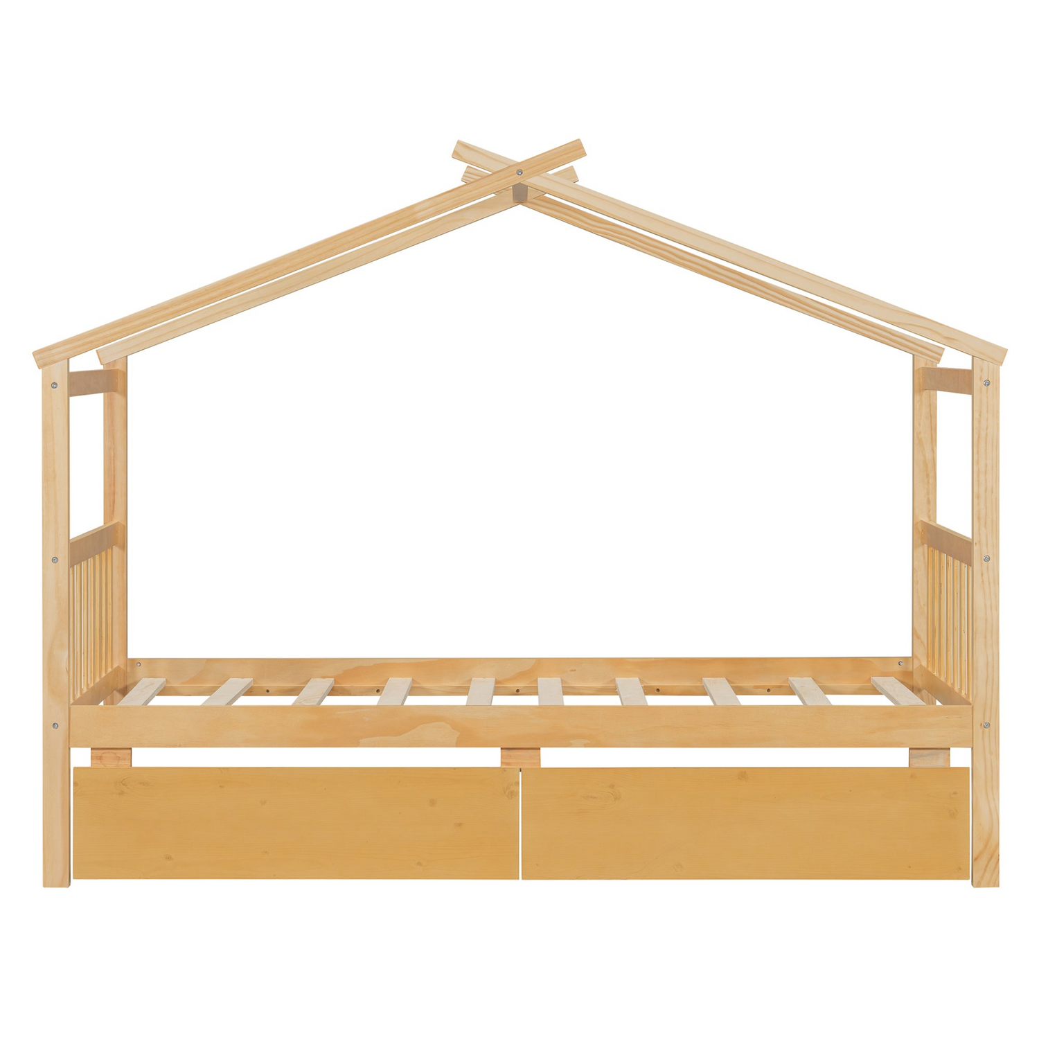 Start2Finish wooden house bed for kids with built-in drawers, solid construction, featuring a charming house design in a child&