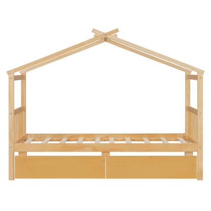 Start2Finish wooden house bed for kids with built-in drawers, solid construction, featuring a charming house design in a child&