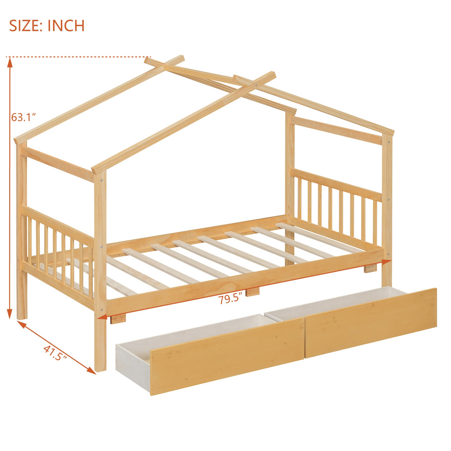 Wooden house bed with built-in drawers for kids&