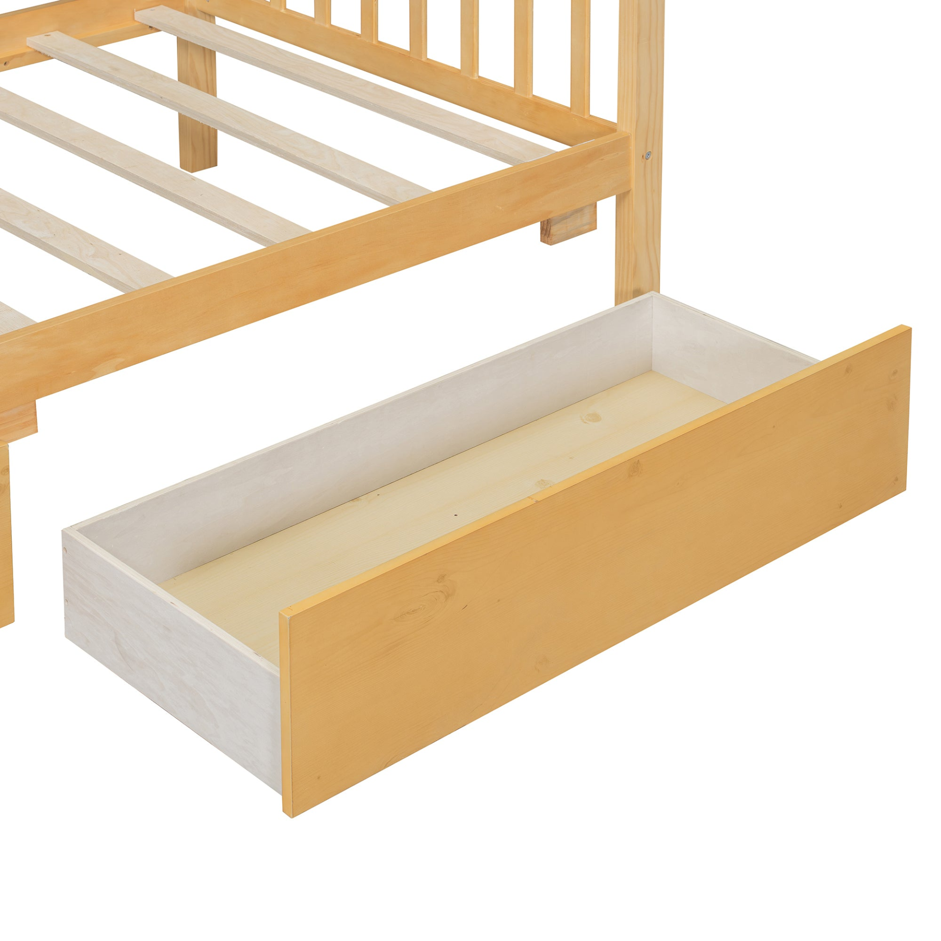Wooden house bed for kids with built-in drawers, solid construction, natural wood finish, and playful house-shaped design.