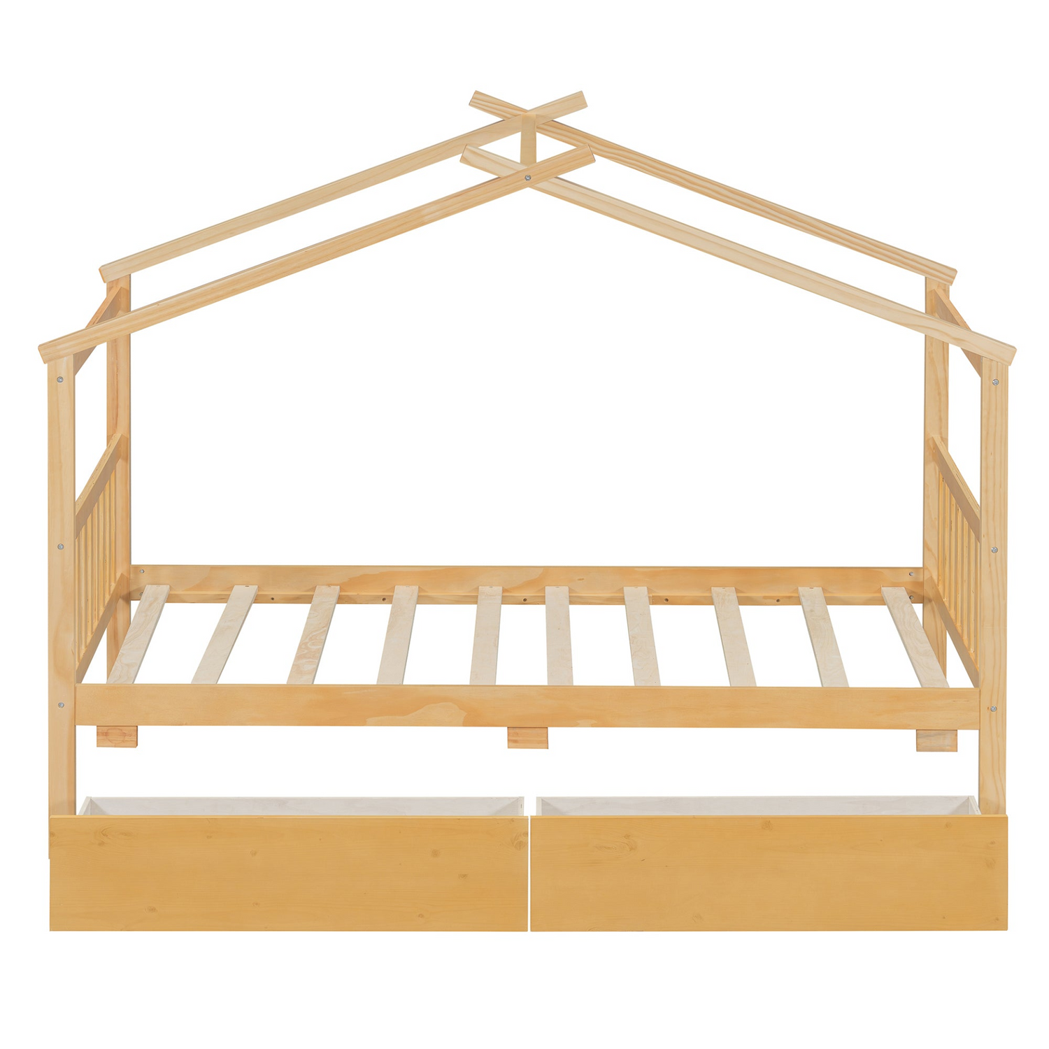 Wooden house bed for kids with built-in drawers, solid construction, featuring a cozy house-shaped design and storage drawers.