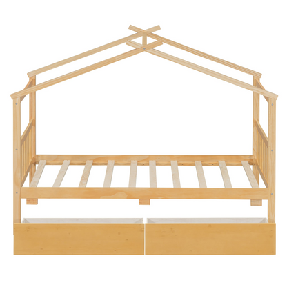 Wooden house bed for kids with built-in drawers, solid construction, featuring a cozy house-shaped design and storage drawers.