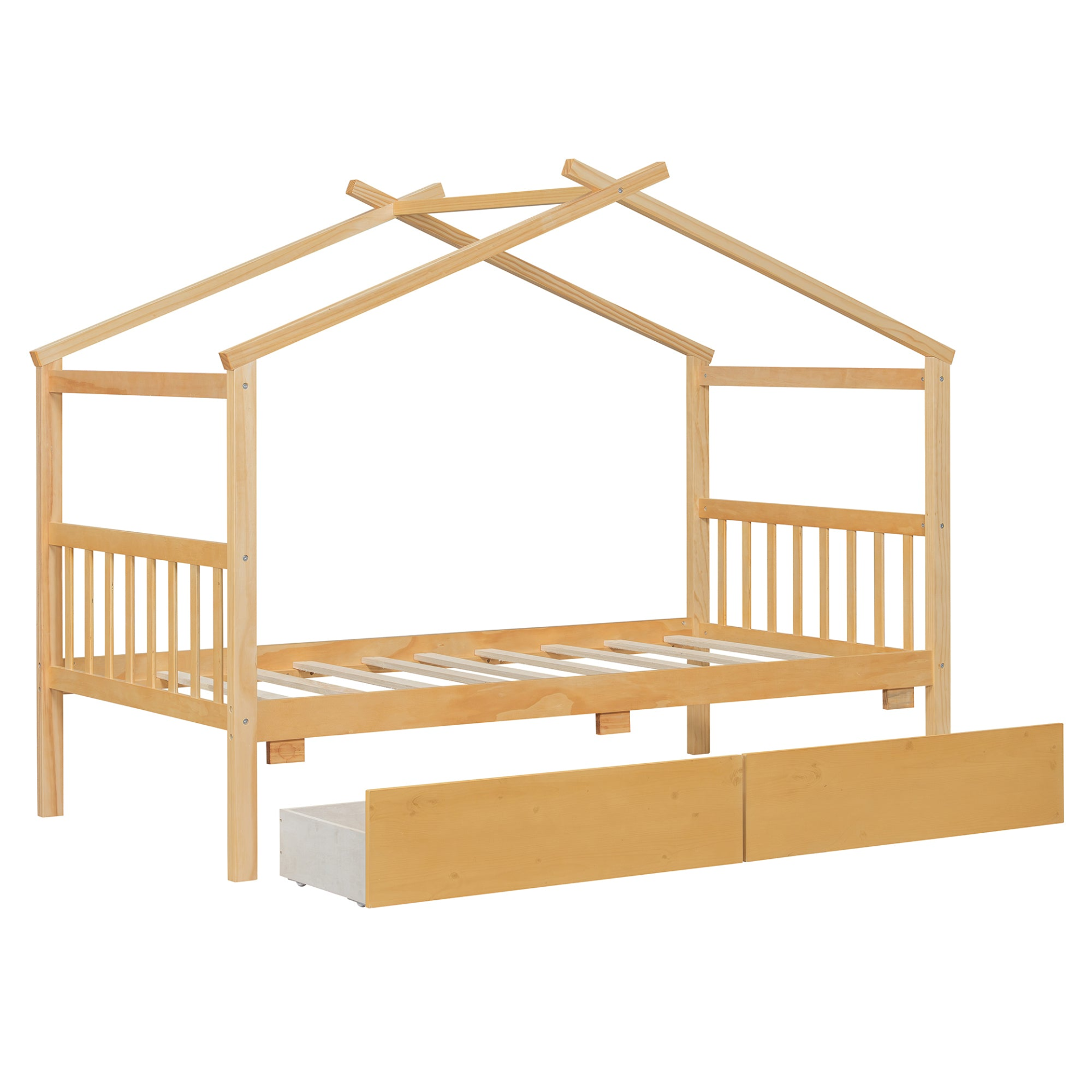 Wooden house bed with built-in drawers for kids&