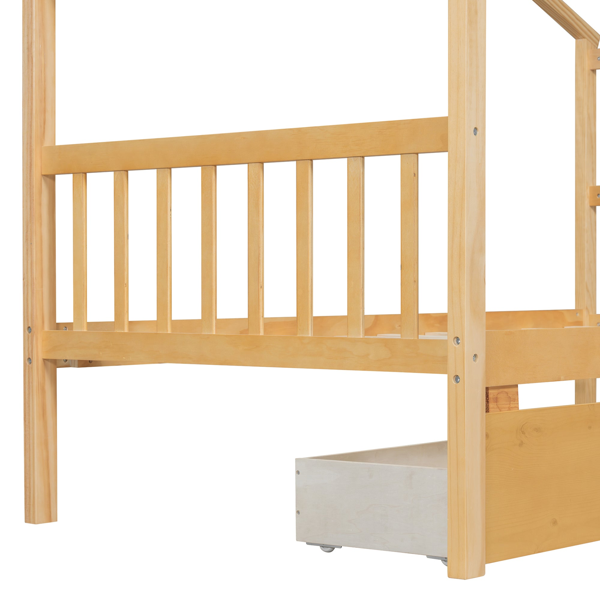 Wooden house bed for kids with built-in drawers, solid wood construction, featuring a cozy house-shaped design and storage drawers.