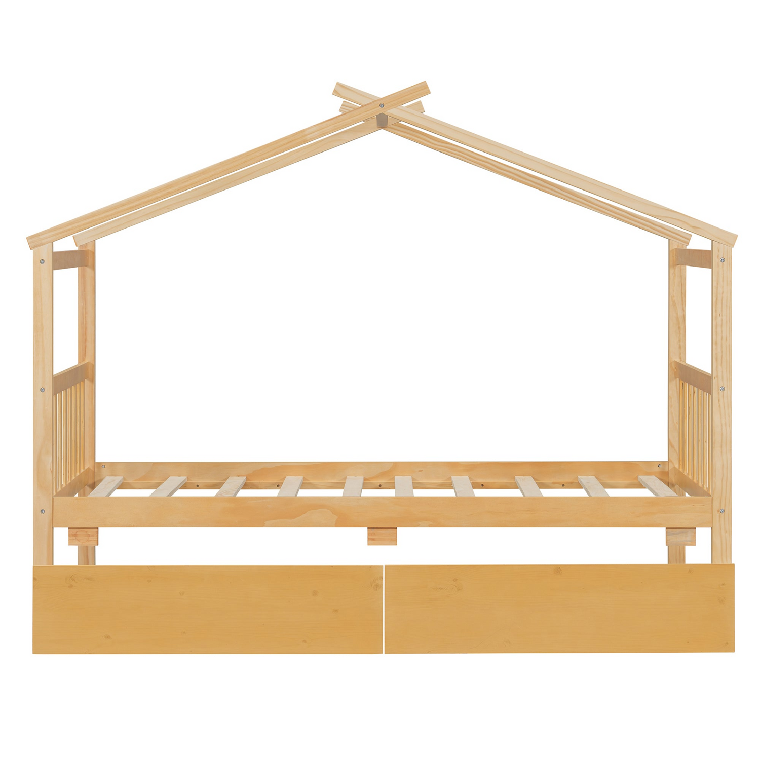Start2Finish wooden house bed for kids with built-in drawers, solid wood construction, featuring a playful house design and storage drawers.