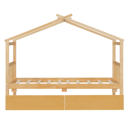 Start2Finish wooden house bed for kids with built-in drawers, solid wood construction, featuring a playful house design and storage drawers.