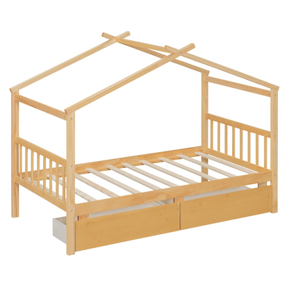 Start2Finish wooden house bed for kids with built-in drawers, solid construction, and charming design in a children&