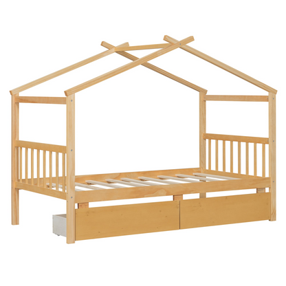 Wooden house bed for kids with built-in drawers, solid construction, featuring a charming house-shaped design and sturdy wood finish.
