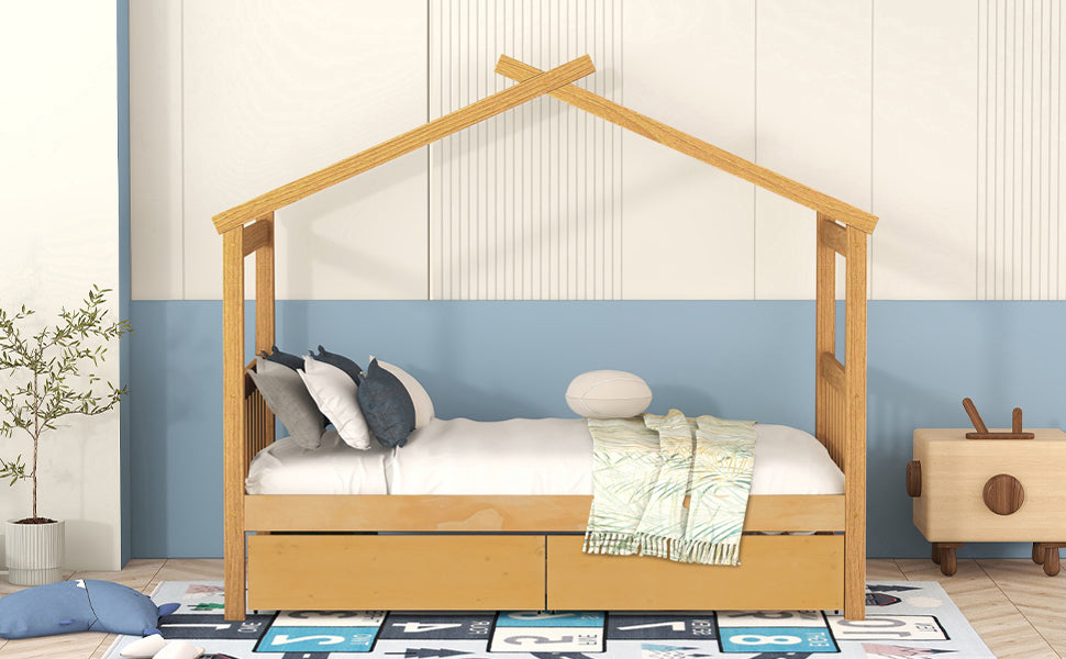 Start2Finish wooden house bed with built-in drawers for kids&