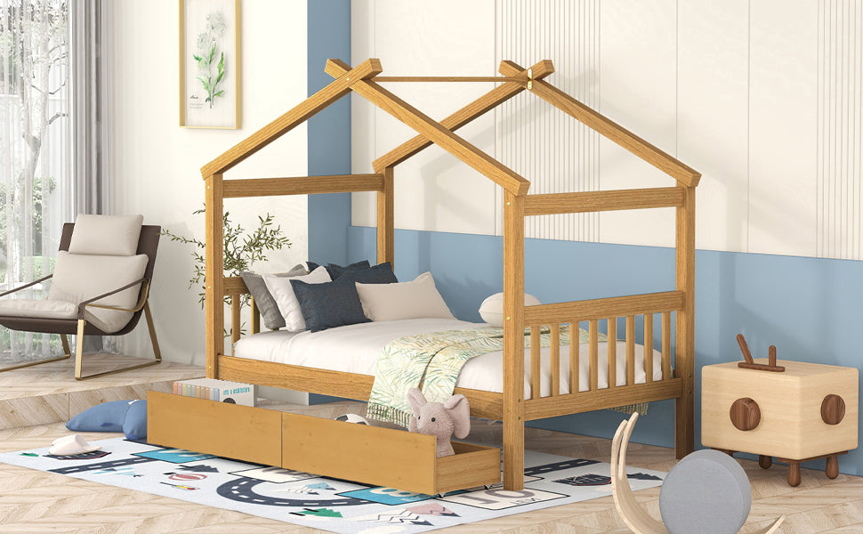 Start2Finish wooden house bed for kids with built-in storage drawers, solid construction and charming design for a child&