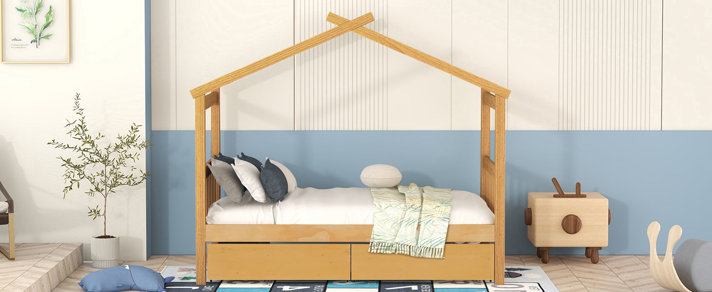 Start2Finish wooden house bed for kids with built-in drawers, solid construction, showcasing cozy design and storage features.