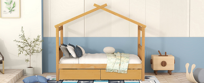 Start2Finish wooden house bed for kids with built-in drawers, solid construction, showcasing cozy design and storage features.