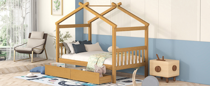 Wooden house bed for kids with built-in drawers, sturdy construction from Start2Finish, shown in a children&