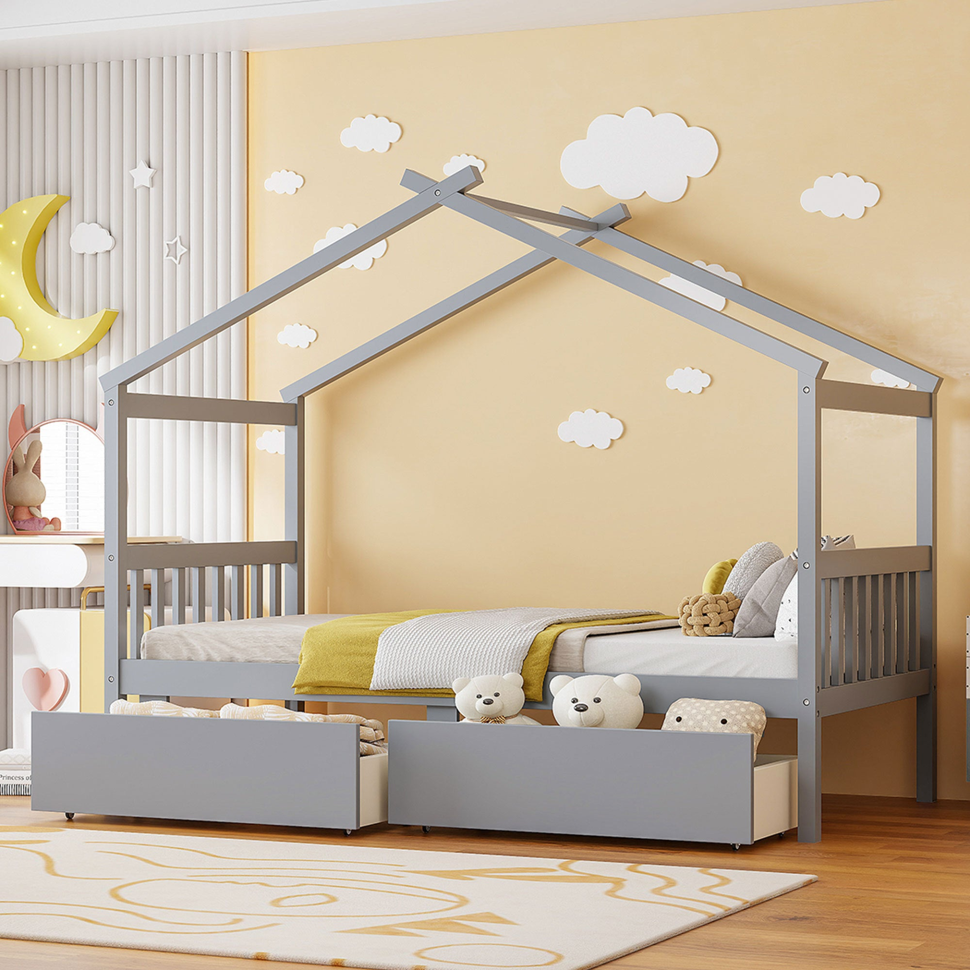 Start2Finish wooden house bed for kids with built-in drawers, solid construction, featuring a cozy house-shaped design in a children&
