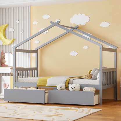 Start2Finish wooden house bed for kids with built-in drawers, solid construction, featuring a cozy house-shaped design in a children&