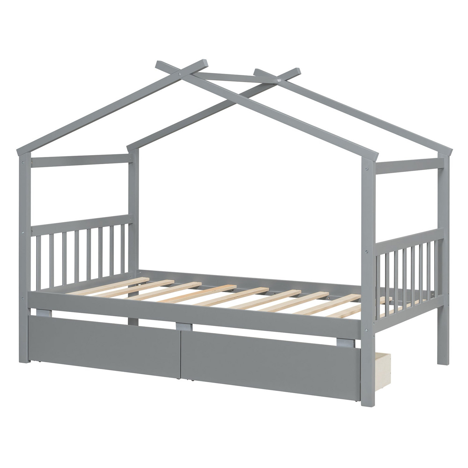 Start2Finish wooden house bed for kids with built-in drawers, featuring solid construction and playful house design in a kids&