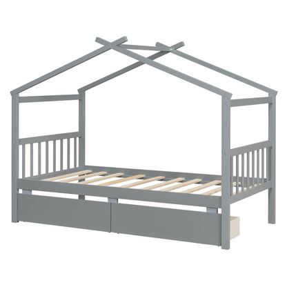 Start2Finish wooden house bed for kids with built-in drawers, featuring solid construction and playful house design in a kids&