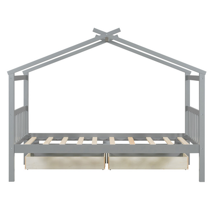Start2Finish wooden house bed for kids with built-in drawers, solid construction, featuring a cozy house-shaped design in a kids&