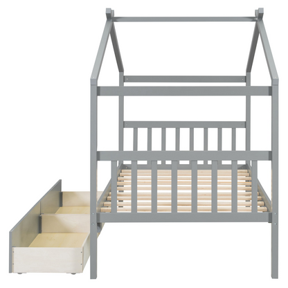 Start2Finish wooden house bed for kids with built-in drawers, featuring solid construction and a charming house-shaped design.