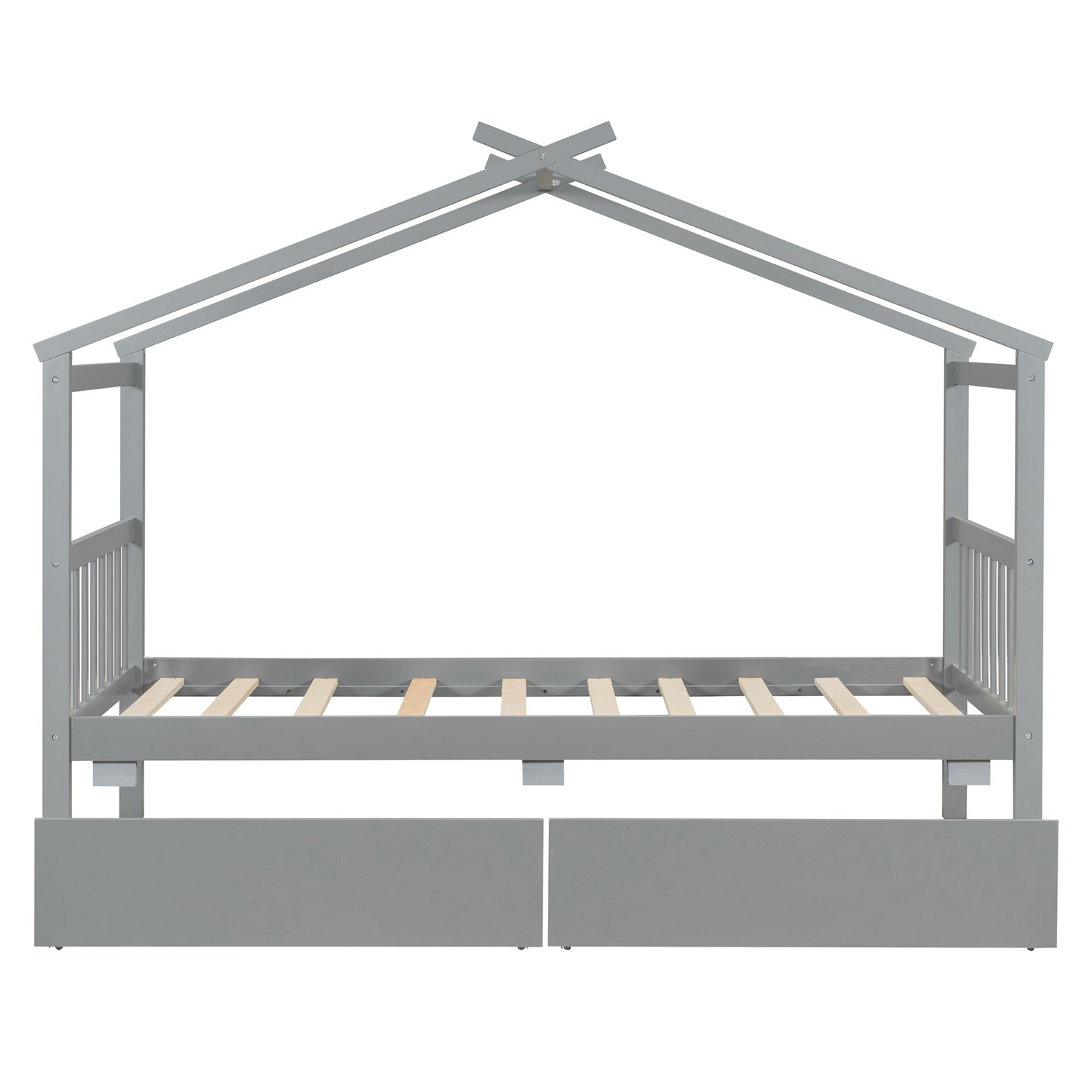 Start2Finish wooden house bed for kids with built-in drawers, solid wood construction, featuring a charming house-shaped design.