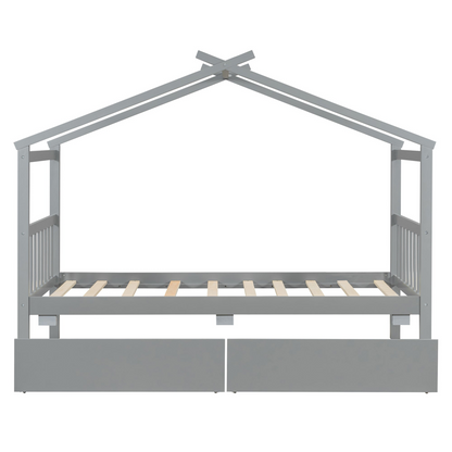 Start2Finish wooden house bed for kids with built-in drawers, solid wood construction, featuring a charming house-shaped design.