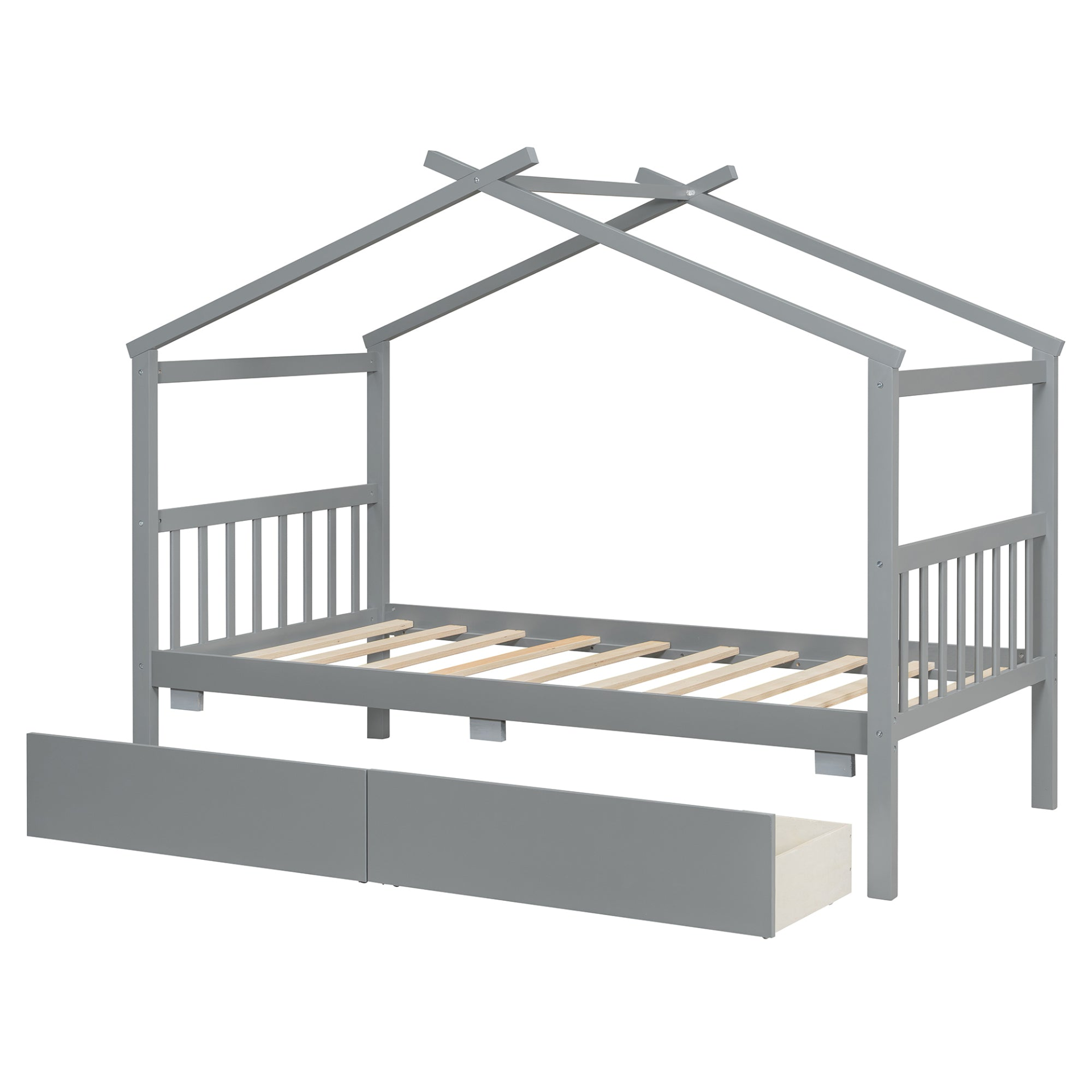 Start2Finish wooden house bed for kids with built-in drawers, solid construction, featuring a cozy house-shaped design and storage drawers.