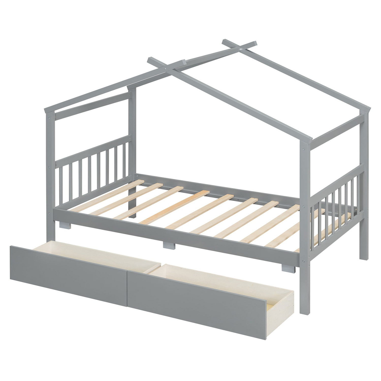 Start2Finish wooden house bed for kids with built-in drawers, solid construction, featuring a charming house-shaped frame and storage drawers