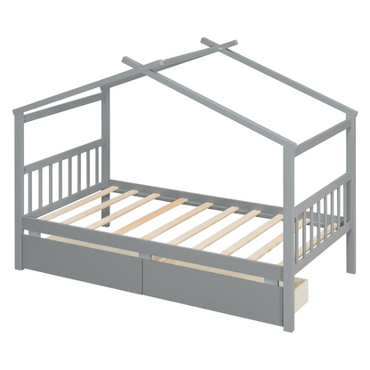 Start2Finish wooden house bed for kids with built-in drawers, solid wood construction, perfect for a cozy children&