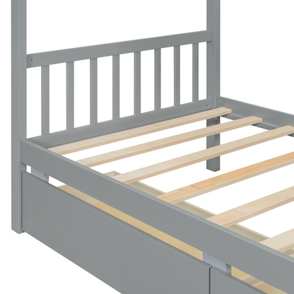 Start2Finish wooden house bed for kids with built-in drawers, solid wood construction, featuring a cozy house-shaped design in a children&
