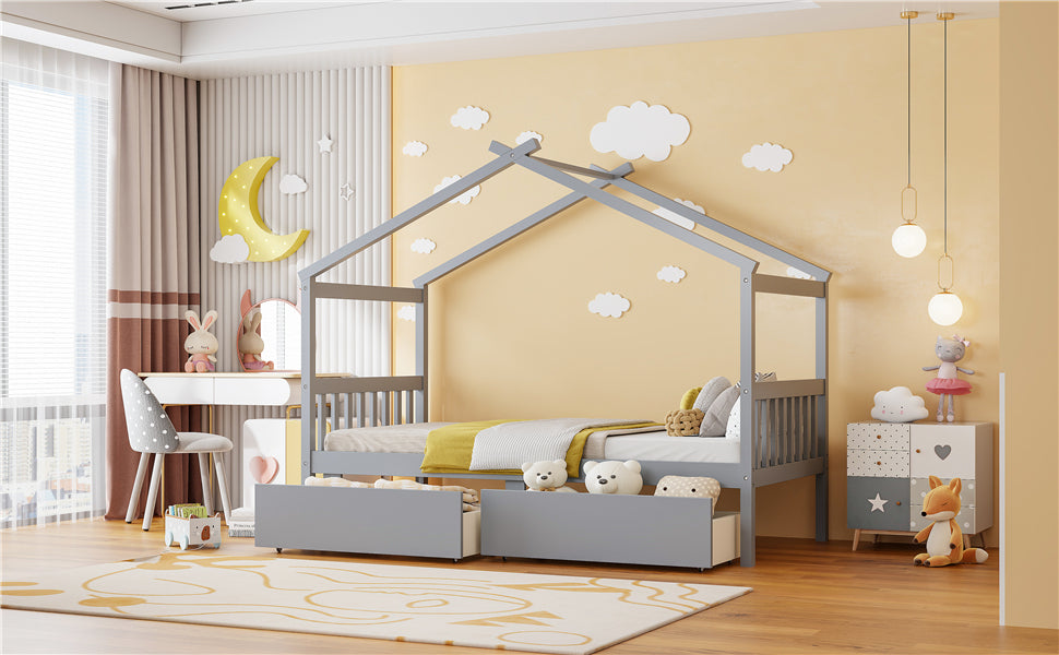 Wooden house bed with built-in drawers for kids&