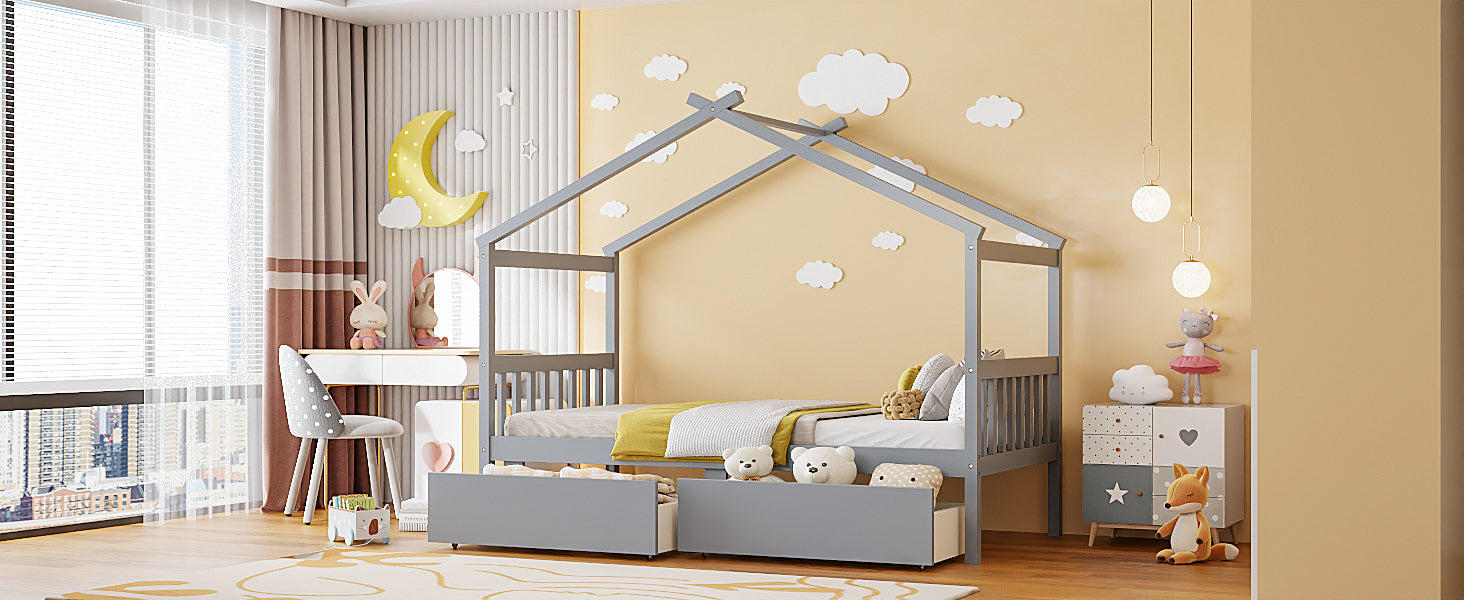 Wooden house bed for kids with built-in drawers, solid construction, featuring a cozy house-shaped design in a child&