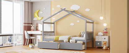 Wooden house bed for kids with built-in drawers, solid construction, featuring a cozy house-shaped design in a child&