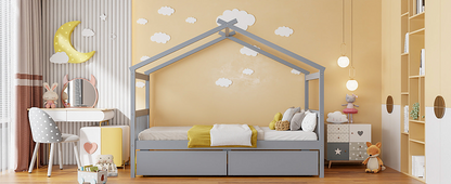 Wooden house bed with built-in drawers for kids&