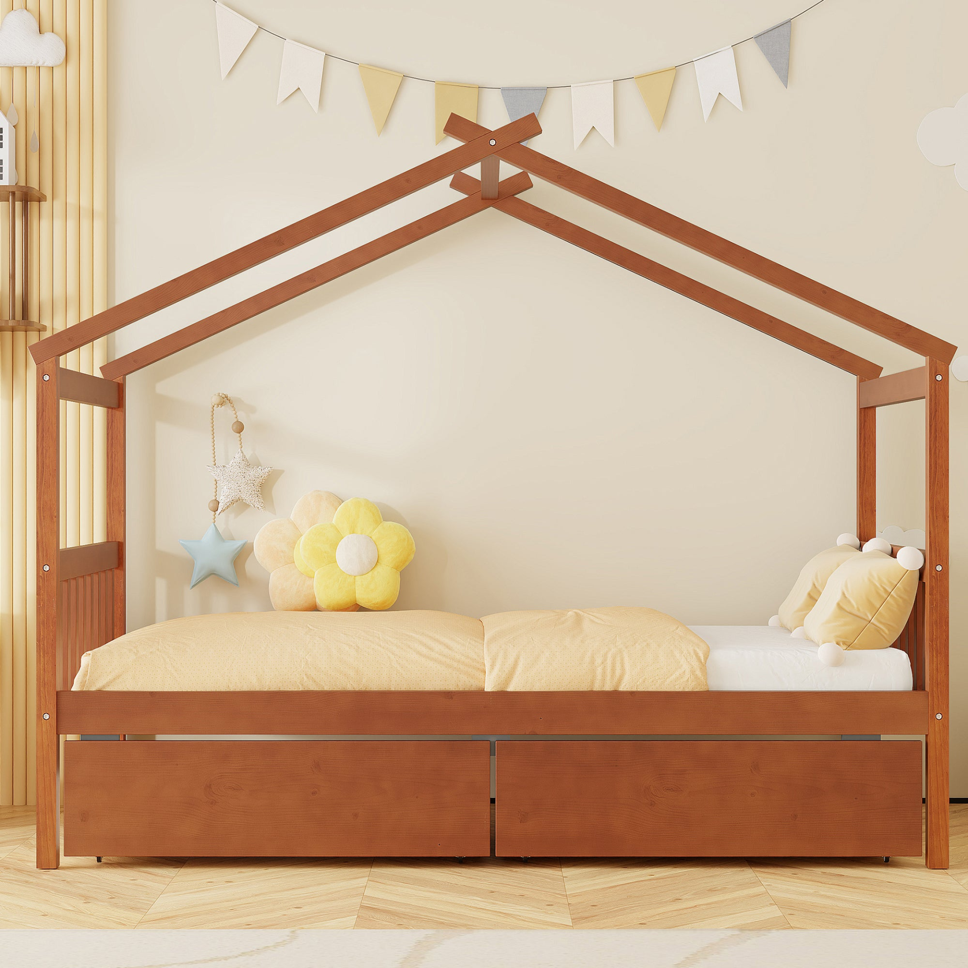 Wooden house bed with built-in drawers for kids&