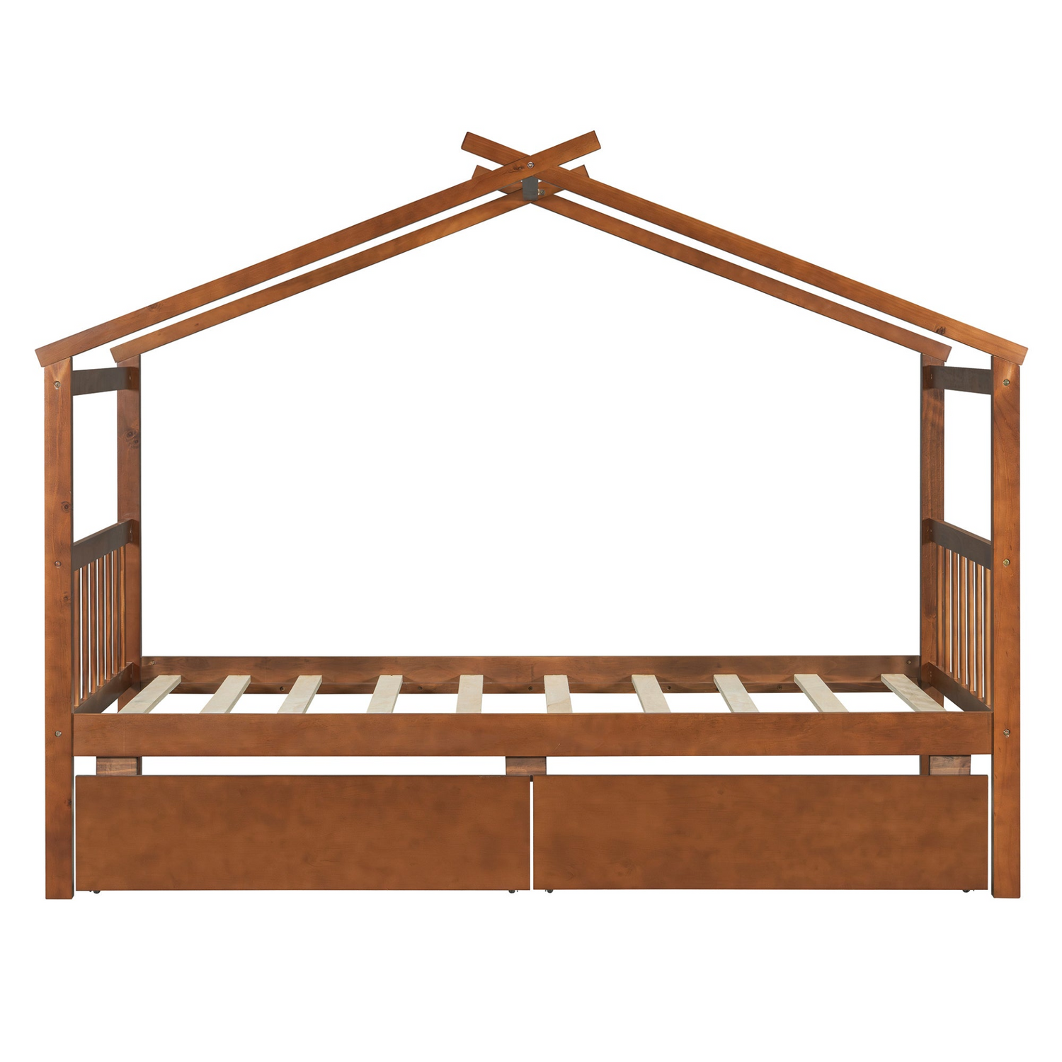 Start2Finish wooden house bed for kids with built-in drawers, solid construction, featuring a cozy house-shaped design and storage space.