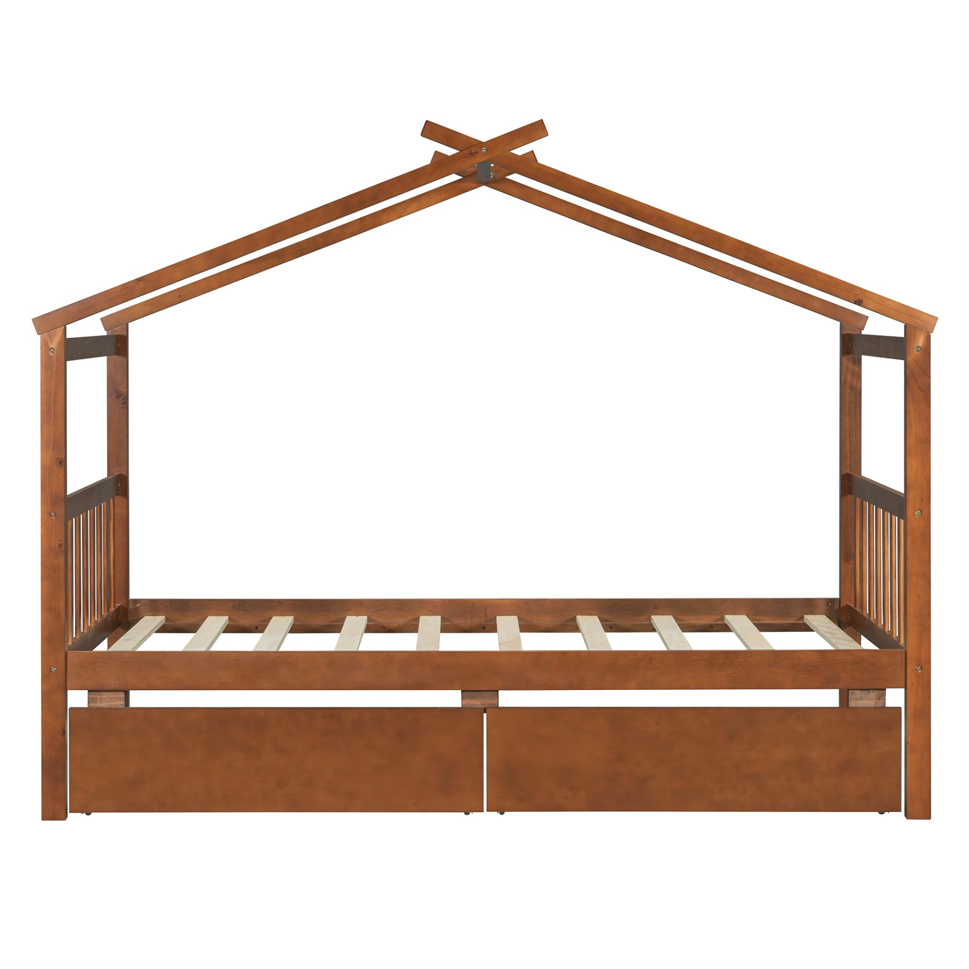 Start2Finish wooden house bed for kids with built-in drawers, solid construction, featuring a cozy house-shaped design and storage space.