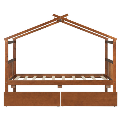 Solid wooden house bed with built-in drawers for kids&