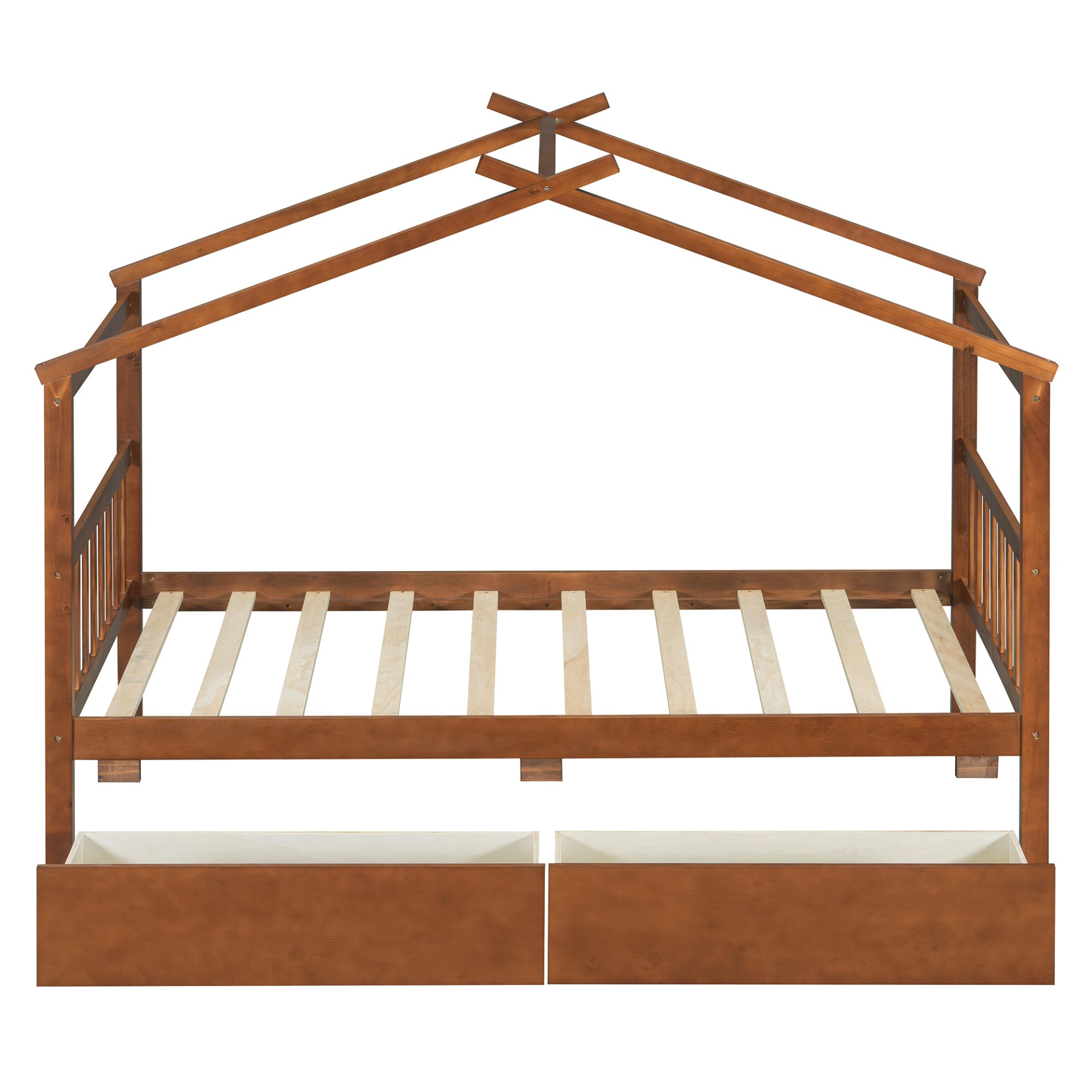 Wooden house bed for kids with built-in drawers, solid wood construction, featuring a playful house design in a child&