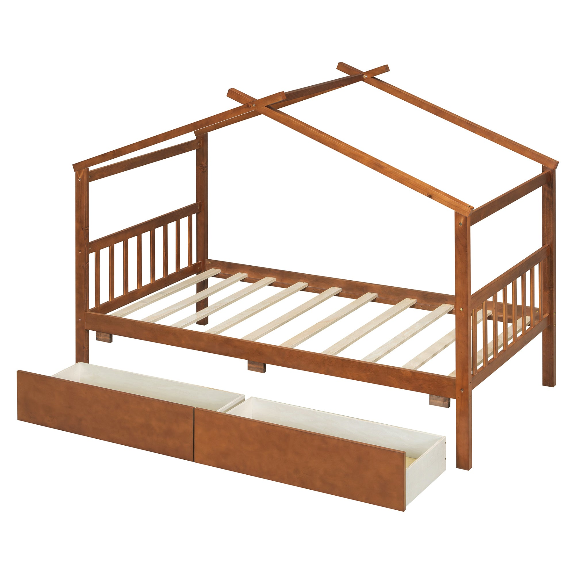 Wooden house bed with built-in drawers for kids&