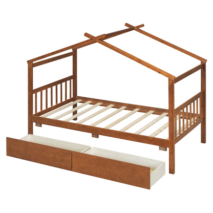 Wooden house bed with built-in drawers for kids&