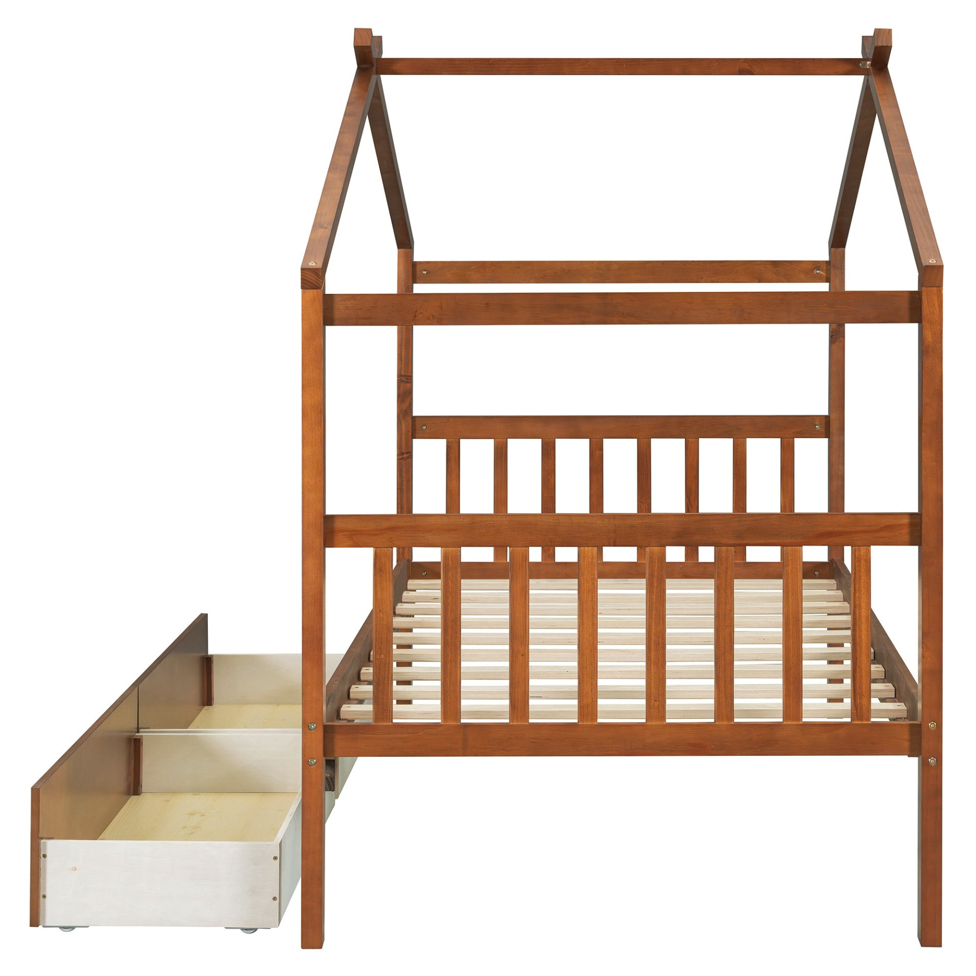 Start2Finish wooden house bed for kids with built-in drawers, solid wood construction and cozy house-shaped design.